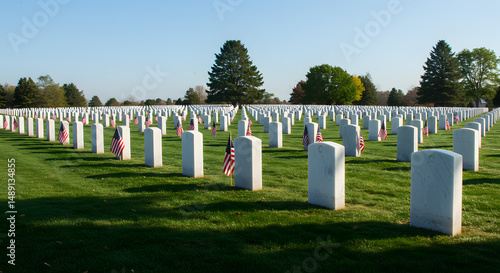 Cemetery scene with headstones and american flags for national remembrance
