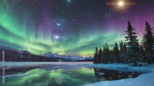 Breathtaking 4K seamless loop of vibrant green and purple aurora borealis dancing above snow-covered trees and frozen lake.
