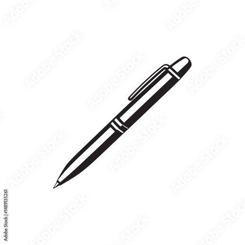 Isolated monochrome drawing presents a single metal ballpoint pen on a white background