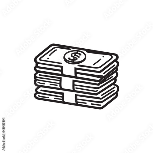 Isolated monochrome stack of dollar bills tied up with a band is transparent