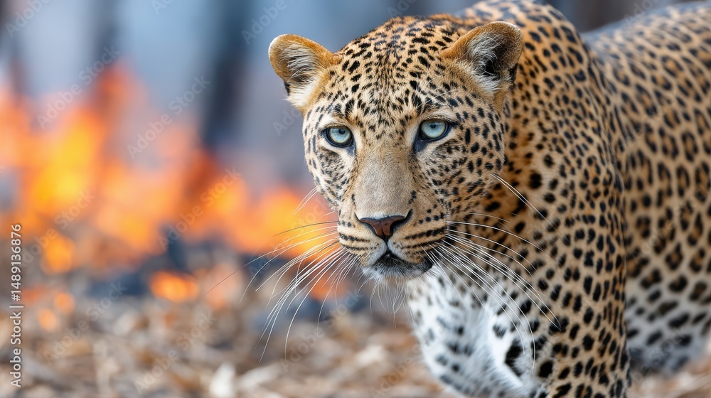 Fototapeta premium A close-up of a leopard with striking eyes, surrounded by a dramatic backdrop of fire and natural elements.