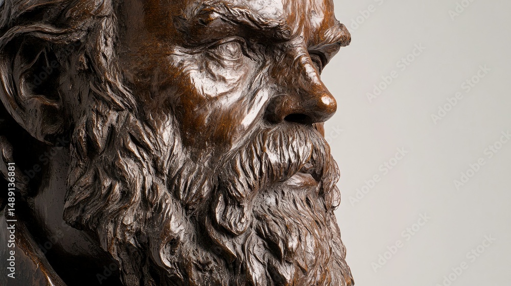 A weathered bronze sculpture of a bearded man, fine details in his facial features, historical and artistic presence A weathered bronze sculpture of a bearded man, fine details in his facial features, historical and artistic presence