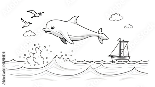 Happy dolphin jumping in ocean waves, seagulls flying, sailboat in distance - black line art coloring page for kids on light gray background.