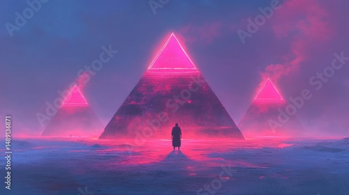Lone figure contemplating illuminated pyramids in icy landscape