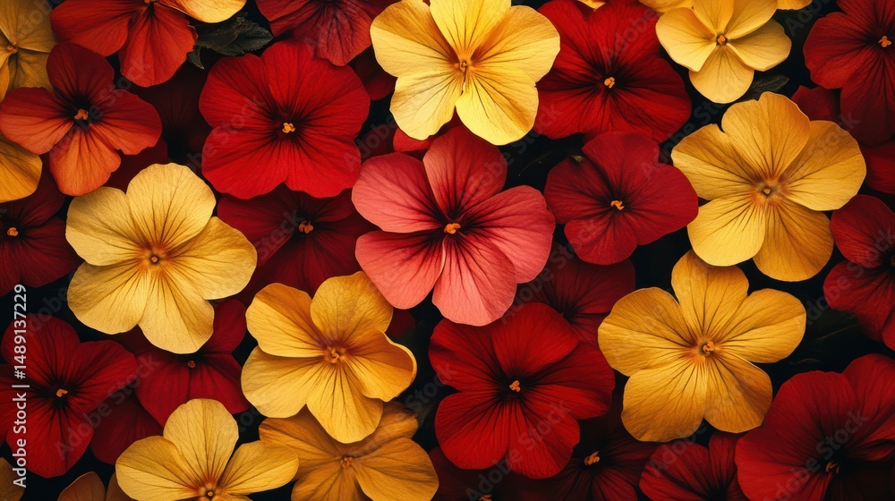 Floral tapestry of red and yellow pansies offering a vibrant nature display Floral tapestry of red and yellow pansies offering a vibrant nature display