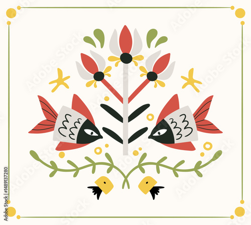 Folk hygge ready to use vector ocean print in Scandinavian style, folkloric isolated design on white. Composition with classic ethnic elements. Scandi folk motifs - sea animals, fishes and flowers