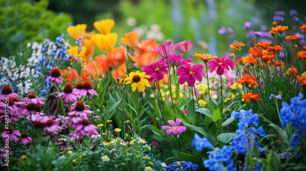 Radiant floral exhibition showcasing vibrant bloom spectrum in tranquil garden Radiant floral exhibition showcasing vibrant bloom spectrum in tranquil garden