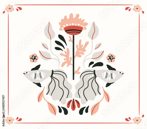 Folk hygge ready to use vector ocean print in Scandinavian style, folkloric isolated design on white. Composition with classic ethnic elements. Scandi folk motifs - sea animals, fishes and flowers