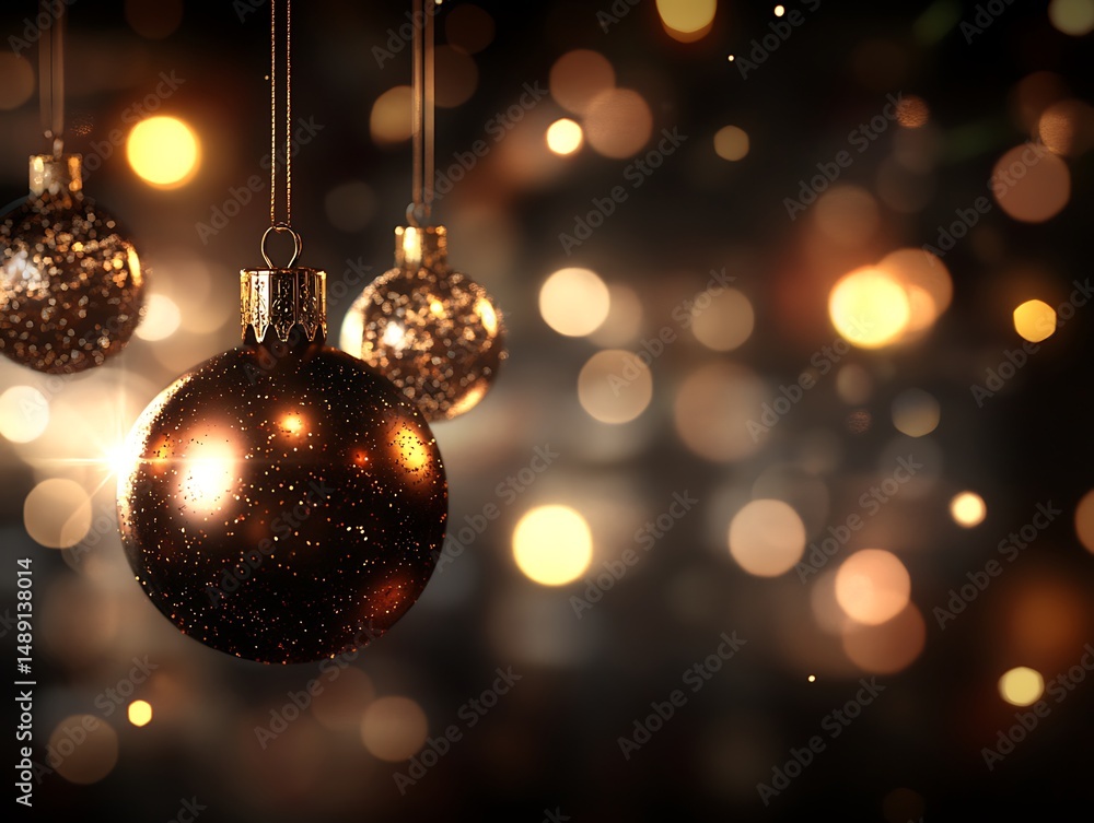 Golden Christmas ornaments, bokeh background Golden Christmas ornaments, bokeh background