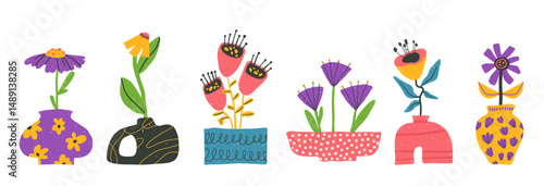 Set of bold positive flowers and vases clip arts hand drawn in naive style, optimistic bright floral illustration, vector isolated items on white background