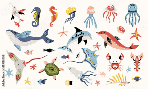 Folk hygge ocean clip arts, hand drawn vector set in Scandinavian Nordic style, isolated on white. Collection of classic ethnic elements. The scandi folk motifs - fishes, flowers, and sea animals