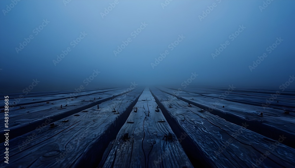Obraz premium Foggy Landscape With Weathered Wooden Planks Leading Into Mist