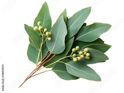 A bunch of eucalyptus leaves with small yellow flowers, isolated on a transparent background, PNG file.