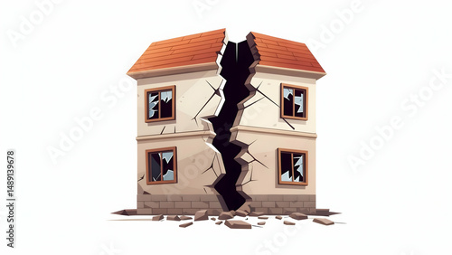 Damaged Cracked House with Broken Windows and Roof Falling Apart