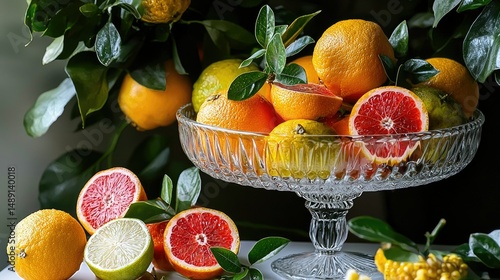 Freshly cut fruits artfully arranged in a glass pedestal bowl, with a bright and inviting ambiance.