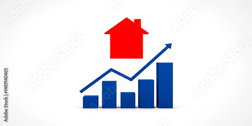 Housing market growth illustrated with a bold red house atop an ascending blue bar graph on transparent background
