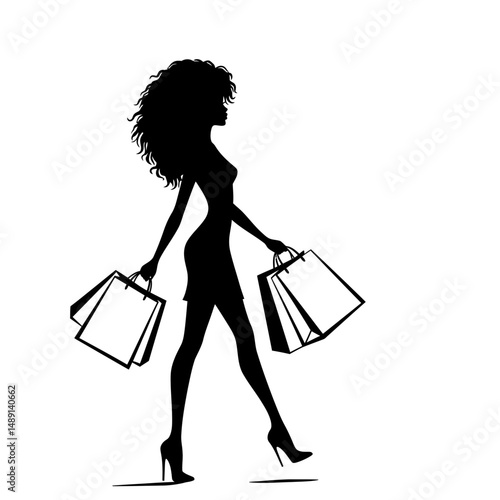 Silhouette of a woman walking with shopping bags in a dress and high heels on a white background