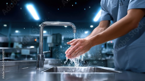 A person washing hands under a modern kitchen faucet, emphasizing hygiene in food preparation.