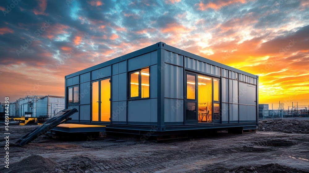 Fototapeta premium Contemporary modular building at twilight offering versatile housing solutions