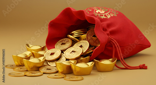 Gold coins and ingots overflowing from red satin bag of wealth and fortune