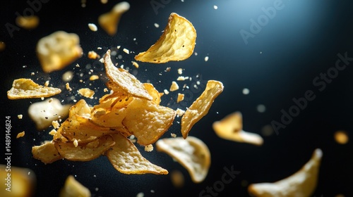 Golden crispy potato chips in dynamic flight dark background