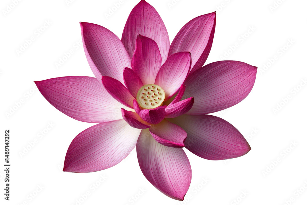 Obraz premium A vibrant lotus flower with large pink petals, isolated on a transparent background, PNG file.
