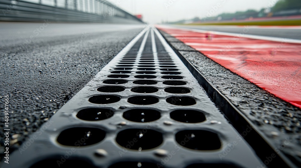 Fototapeta premium A close-up shot of an empty F1 track, featuring a detailed view of the drainage system. The wet asphalt reflects the rain and emphasizes the racing environment.