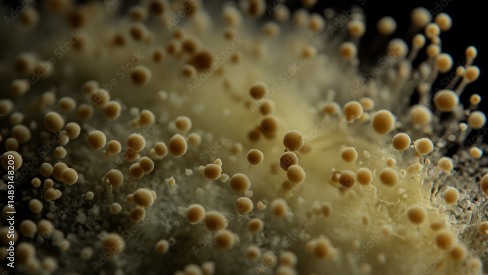 Close-up view of mold colony growth, showing small, round, tan-colored fruiting bodies emerging from a fuzzy, light gray base Close-up view of mold colony growth, showing small, round, tan-colored fruiting bodies emerging from a fuzzy, light gray base