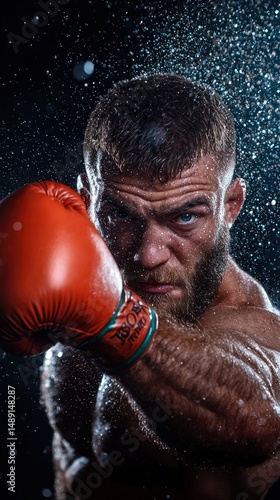 A man in a boxing glove is in the middle of a punch