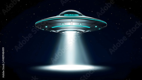 Flying Saucer Hovering with Bright Light Beam in Starry Sky