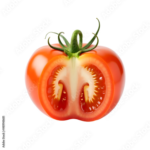 Wallpaper Mural Detailed cross-section of a vibrant red tomato showcasing its juicy interior and fresh green stem on a neutral field Torontodigital.ca