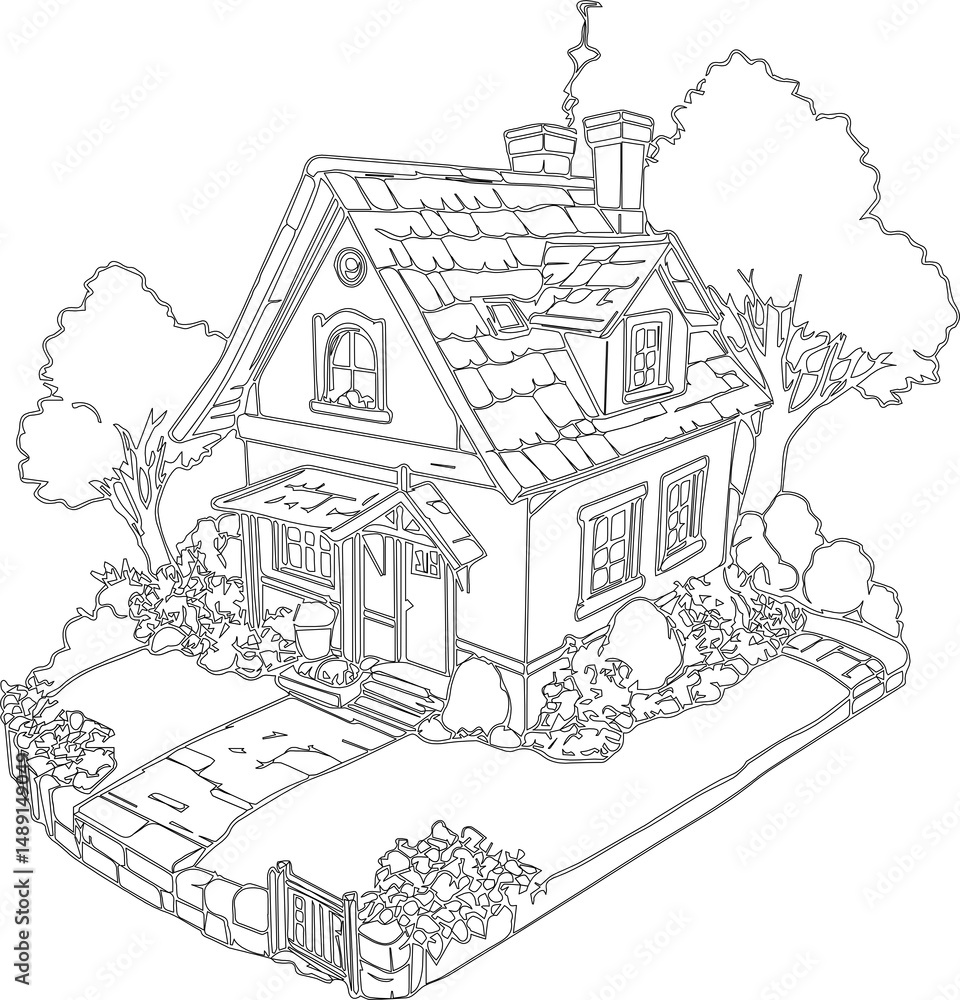 Countryside House Outline Drawing Surrounded by Trees — Rural Nature Line Art Countryside House Outline Drawing Surrounded by Trees — Rural Nature Line Art