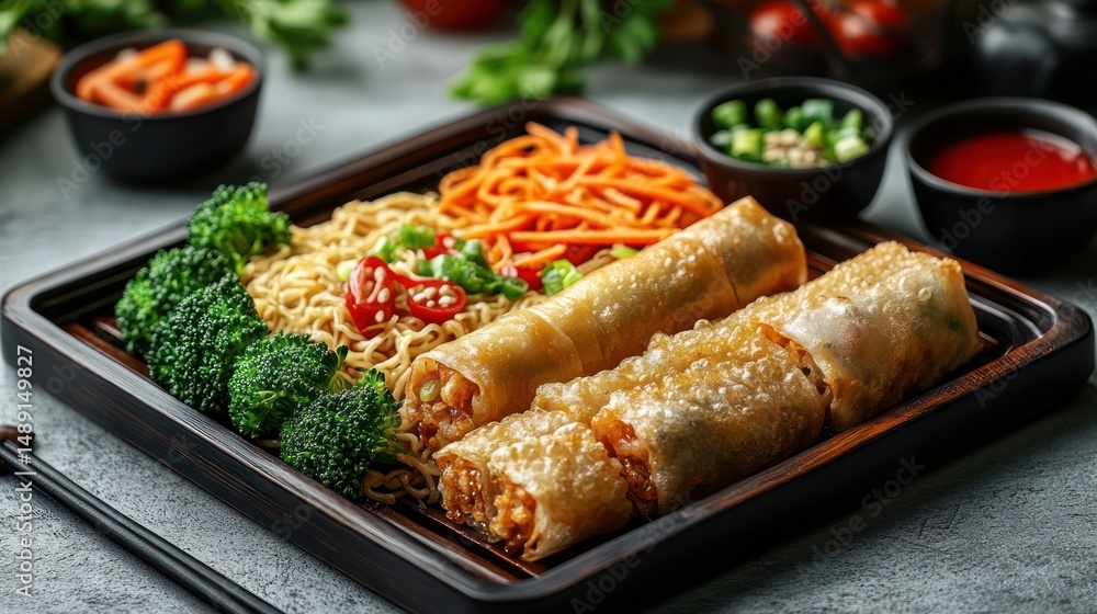 Exquisite Asian spring rolls presentation alongside noodles, broccoli and carrots Exquisite Asian spring rolls presentation alongside noodles, broccoli and carrots