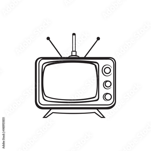 Line drawing showcases a retro television set with rabbit ear antennas and button controls