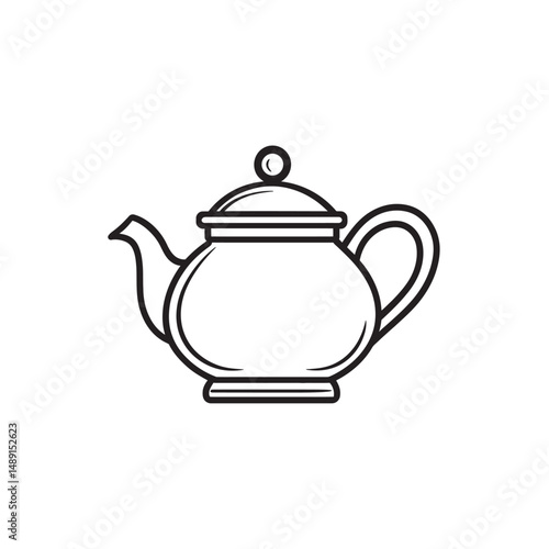 Line drawing shows a teapot with a handle and lid on transparent background