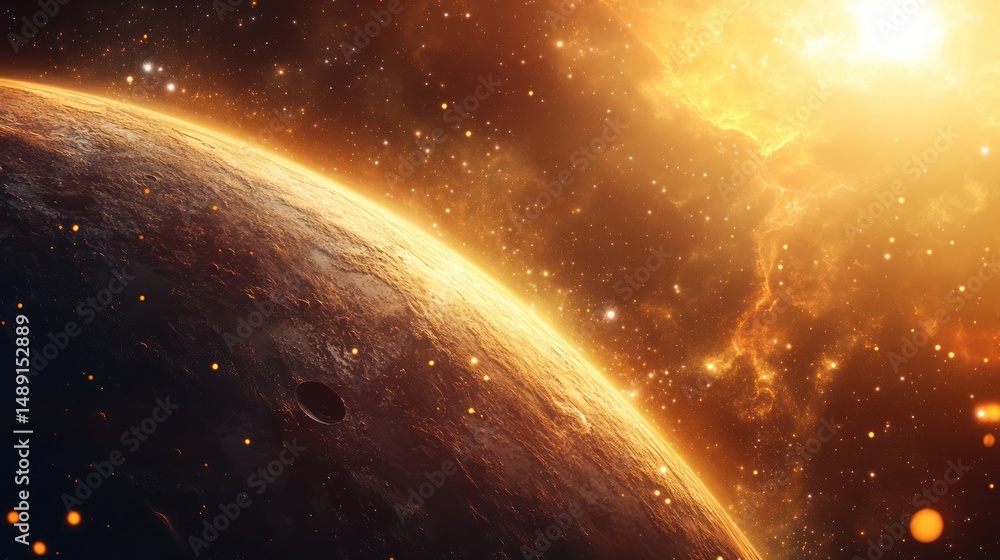 Obraz premium Planetary Vista with Cosmic Nebula and Luminous Ring in Space Backdrop