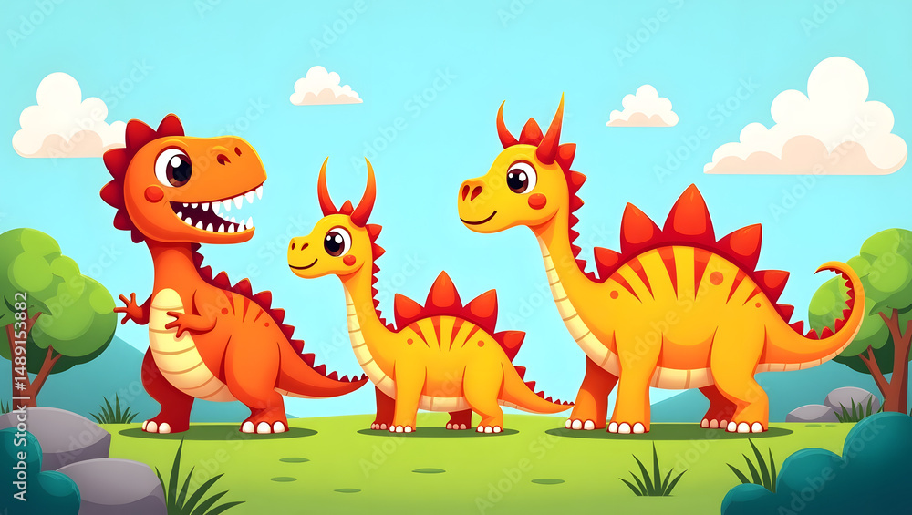 Obraz premium Happy Dinosaur Friends – Fun Cartoon Scene for Children