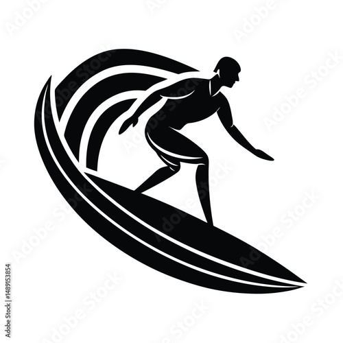 Surfer silhouette riding ocean wave crest