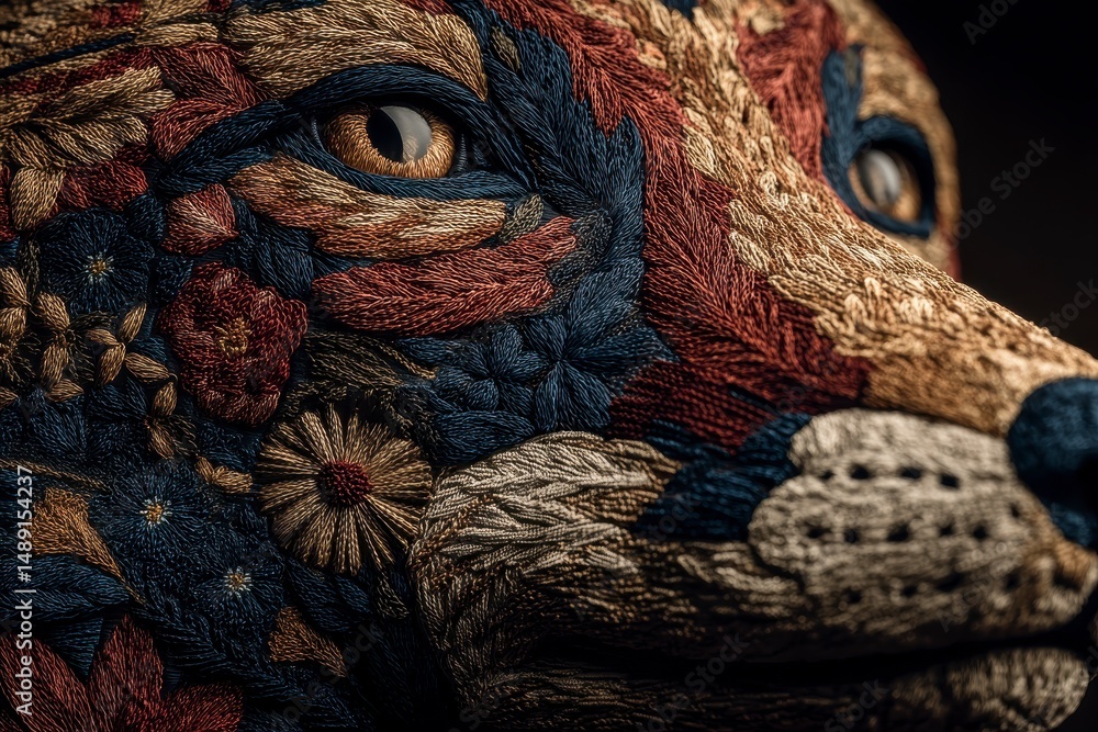 Naklejka premium Autumnal Fox Embroidery Close up of Detailed Floral Threadwork