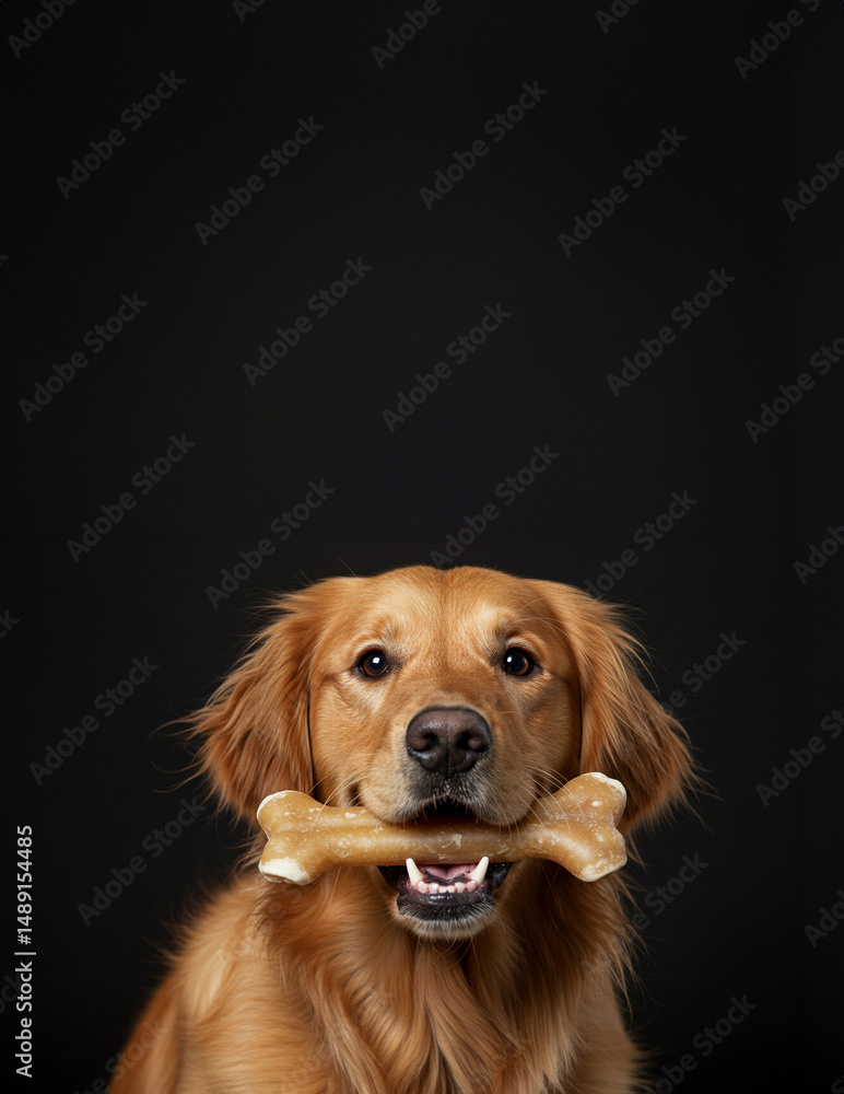 Obraz premium Golden Labrador Holding Rawhide Bone — A playful black labrador with a large chew bone in its mouth, set against a plain beige background with ample copy space.
