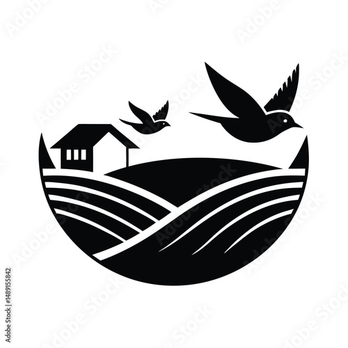 Peaceful farmland silhouette birds flying home