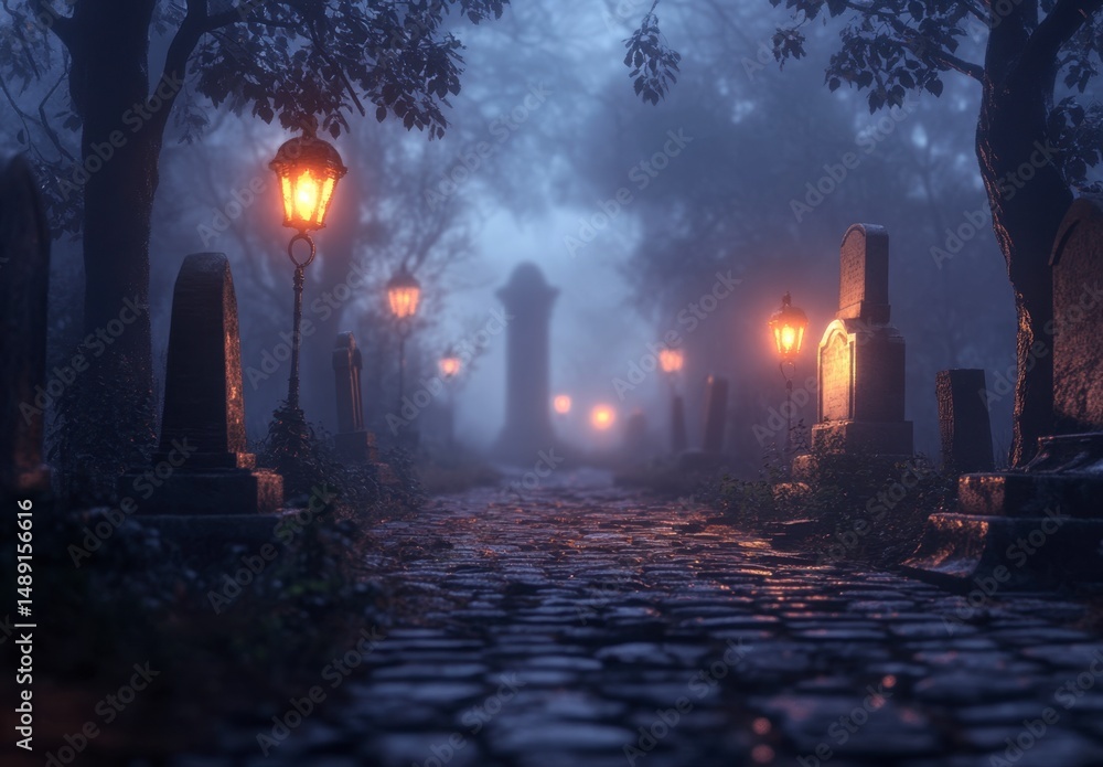 Eerie Foggy Graveyard Pathway Under Dim Orange Lantern Light Eerie Foggy Graveyard Pathway Under Dim Orange Lantern Light