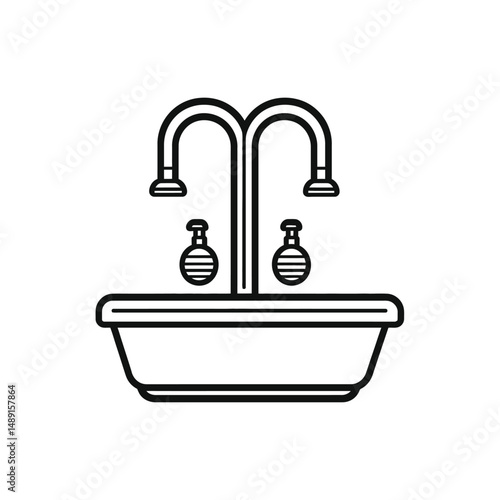 Minimalist basin sink icon showing black faucet, plug, and bowl over white