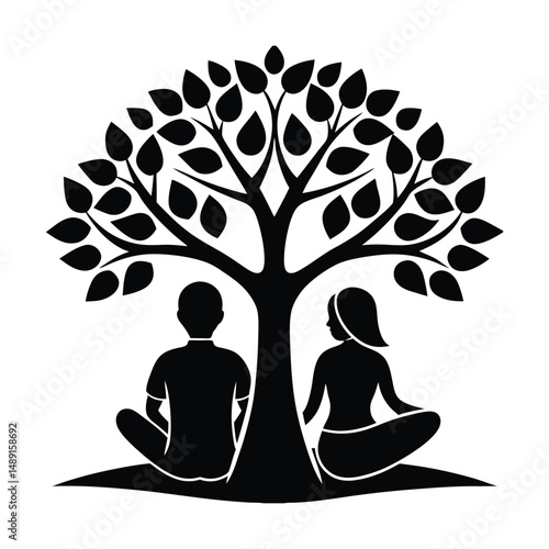 Couple silhouettes meditating under tree of life