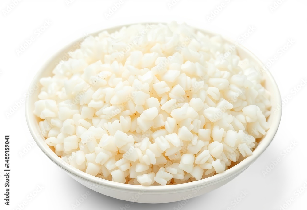 Fluffy white rice, served in a bowl, isolated on pure white background, delicious, clean eating Fluffy white rice, served in a bowl, isolated on pure white background, delicious, clean eating