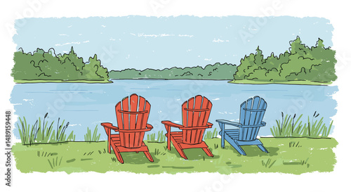 Adirondack chairs in red and blue by lake with green landscape  
