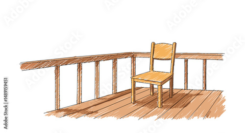 Wooden chair on veranda with wooden railing in sketch style  