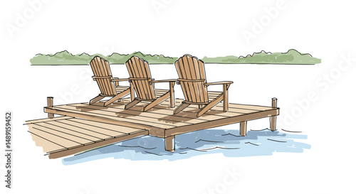 Three Adirondack chairs on a wooden dock by the water  