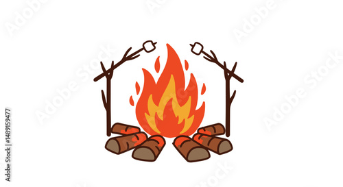 Campfire with roasting marshmallows surrounded by logs and sticks  