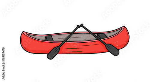 Red canoe with oars ready for water activities  